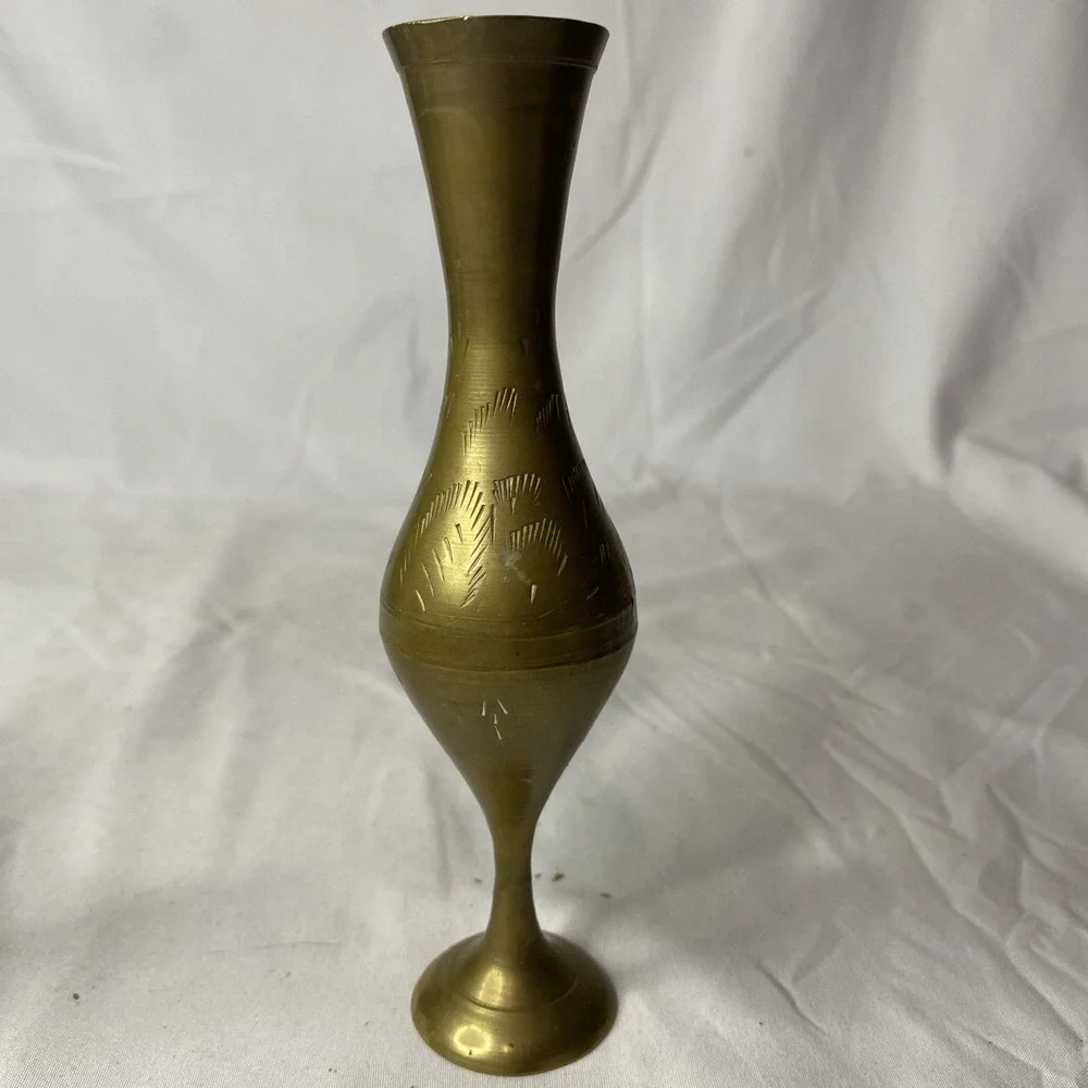Vintage Brass Etched Vase  India Floral Art Deco 6 Inches